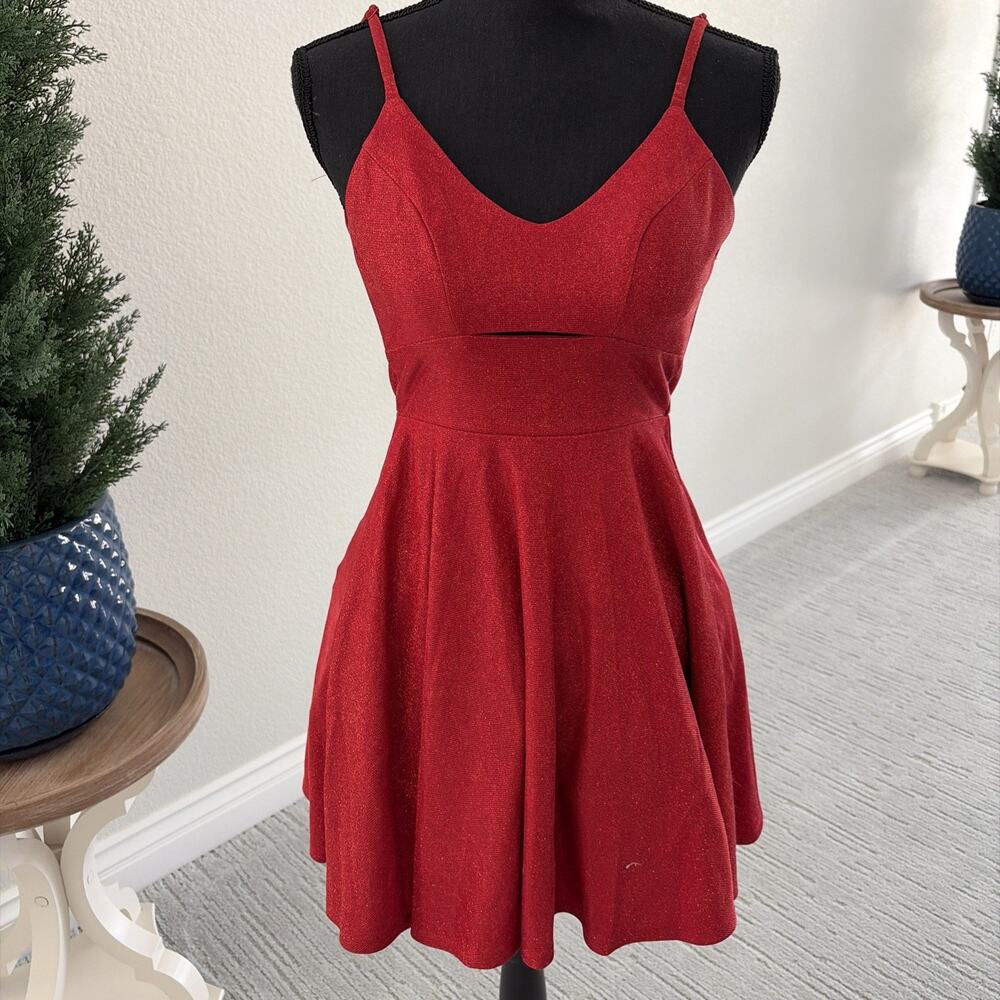 Macys City Studios Glitter Red Metallic Cutout Fit and Flare Juniors Dress Strap
